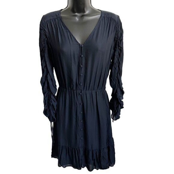 Parker Fletcher Ruched Sleeve Silk Long Sleeve Blouson Dress Midnight Blue Small - Picture 2 of 13